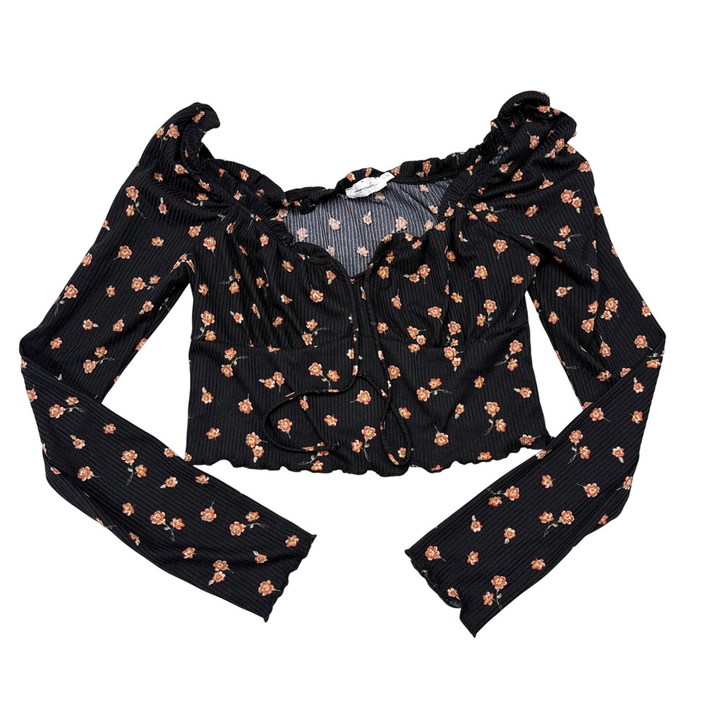 All in Favor Top Womens Size Large Black Floral Babydoll Y2K Cropped Long Sleeve